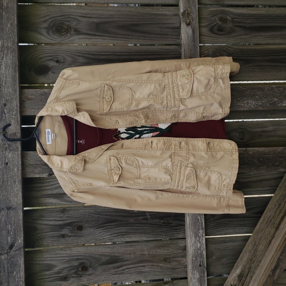 St. John's Bay Tan Military Jacket with Pockets and Adjustable Waist Women's M